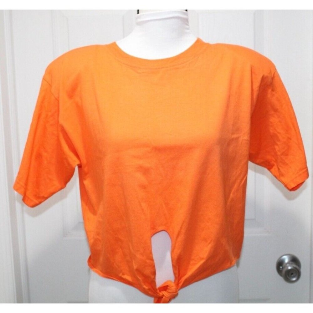 NWT Vtg Gitano Shirt Size S 1990s Tie Crop Top Cotton Orange 90s Shoulder Pads
